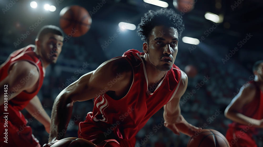 Fototapeta premium A basketball player in a red jersey dribbling the ball, with a focused expression on his face and friends watching from behind him, in a dark gym background with an energetic atmosphere.