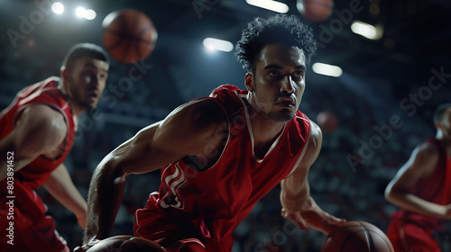 A basketball player in a red jersey dribbling the ball, with a focused expression on his face and friends watching from behind him, in a dark gym background with an energetic atmosphere.