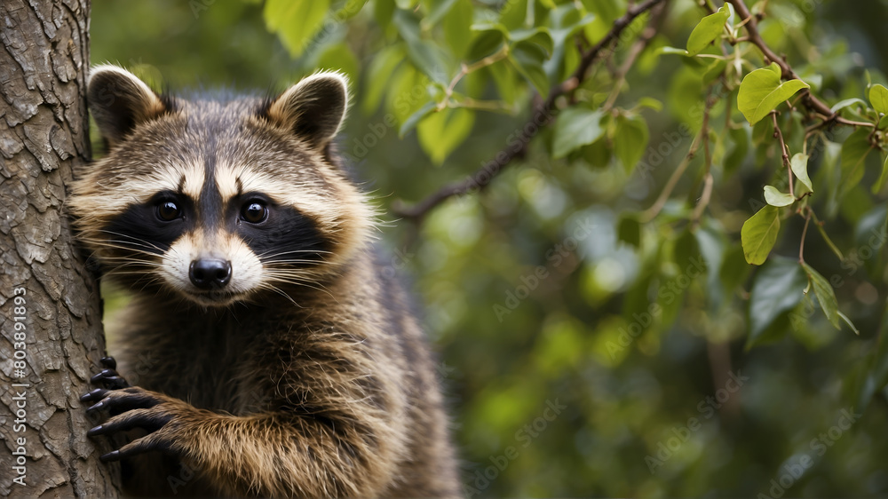Portrait of racoon trying to climb tree 