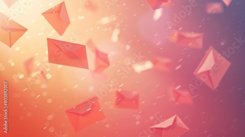 Pink and red envelopes of different sizes floating upwards against a bright pink background with sparkles.