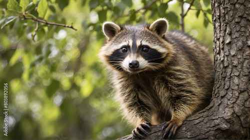 Portrait of raccoon on tree photo