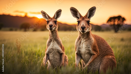 Portrait of Kangaroo duos in Grass field  photo