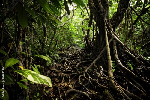 Wander through a maze of twisted vines and tangled roots that crisscross the rainforest floor, creating a labyrinthine landscape ripe, Generative AI