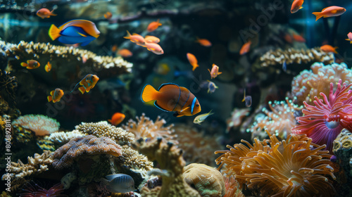 World Ocean Day concept of colorful tropical fish in coral reefs.