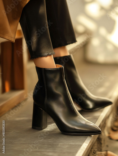 Wearing authentic women's and and leather black high heels ankles boots photo