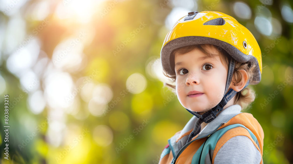 Smiling boy wearing a helmet in the park with sunlit background Smiling boy wearing a helmet in the park with sunlit background