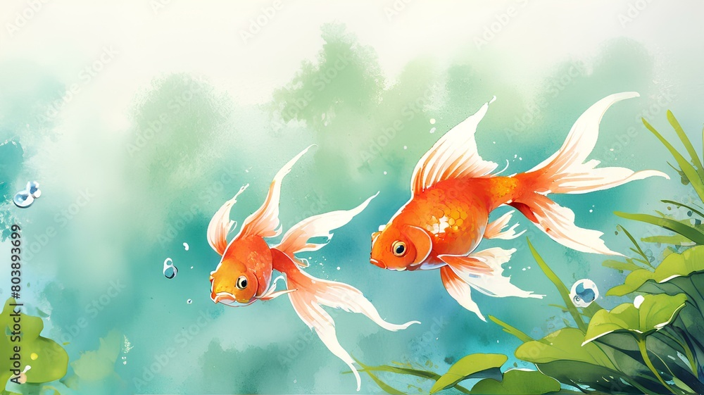 Fototapeta premium 金魚のイラスト、水彩画|Goldfish illustration, watercolor.