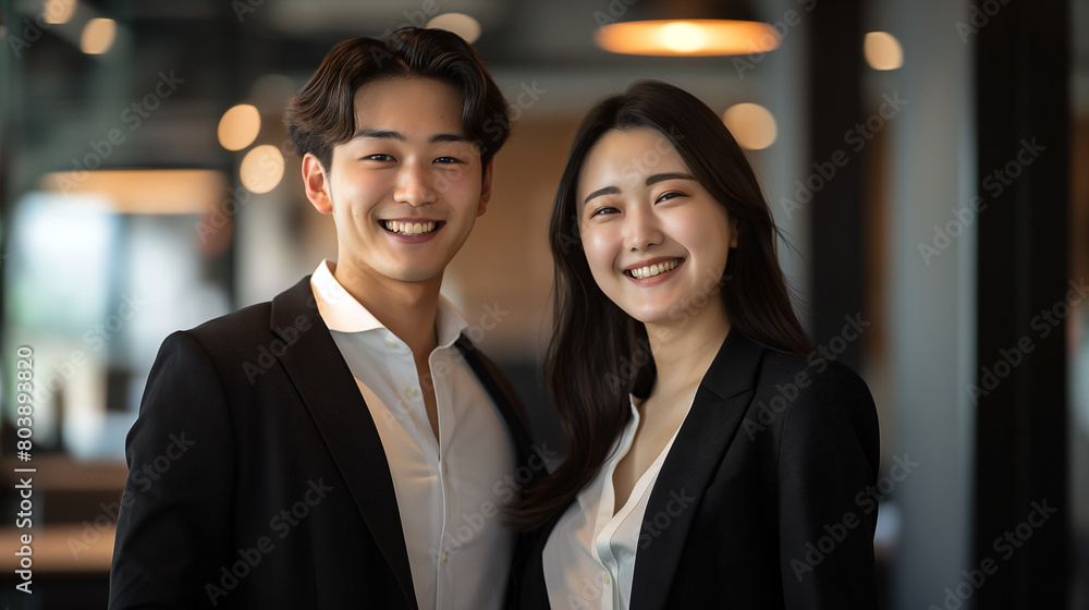 Korean Business couple in them late 20s with wearing a black blazer and white shirt smiling inside the office Korean Business couple in them late 20s with wearing a black blazer and white shirt smiling inside the office