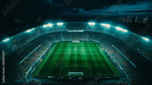 Soccer stadium  blue team kickoff in international finals, sport channel broadcast concept. © sorin
