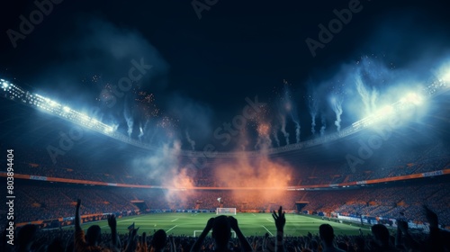 Soccer championship  blue team kick off in finals match stadium, tv broadcast concept photo