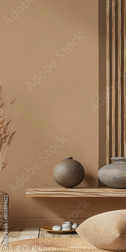 Zen minimalist interiors with natural elements and soft textures.