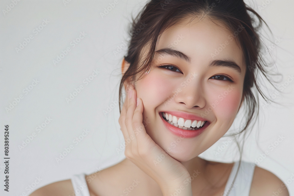 beautiful women smiling with breathtaking smiles, hand on chin pose, white background beautiful women smiling with breathtaking smiles, hand on chin pose, white background