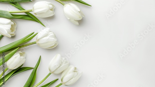 White tulips on a white background Mother's Day concept. Top view photo of bouquet of white and pink tulips on isolated pastel blue background with copyspace #803895261