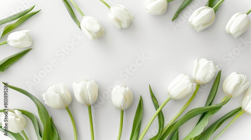 White tulips on a white background Mother's Day concept. Top view photo of bouquet of white and pink tulips on isolated pastel blue background with copyspace #803895286