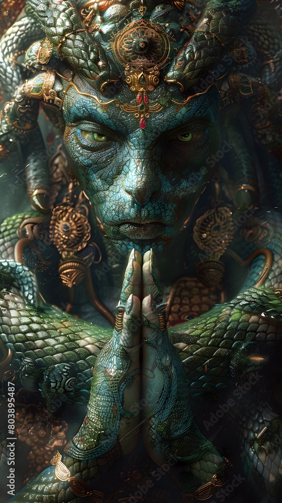 Fototapeta premium Encounter the Mystical Realm of the Ancient Serpent Nagaraja,Unlocking Secrets of Transformation and Enlightenment Through Its Wisdom