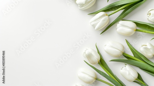 White tulips on a white background Mother s Day concept. Top view photo of bouquet of white and pink tulips on isolated pastel blue background with copyspace