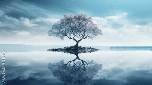 A tree is standing in the middle of the water in the style of light blue © MOUISITON