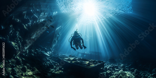 Underwater exploration scuba deep sea diver swimming in a deep ocean cavern 