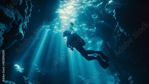 Wallpaper Mural Solo scuba diver woman exploring the deep sea, illuminated by the natural light from above Torontodigital.ca