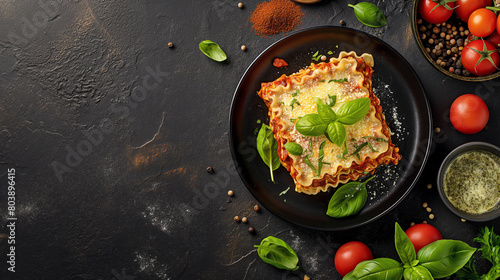 A top down shot of an Italian lasagna with layers of colorful noodles, meat sauce and fresh basil leaves on top, placed in a dark plate against the backdrop of a dark rustic kitchen interior