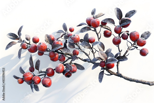 Exotic Korean Yangmei Fruits in Vibrant Red Clusters on Branches with Lush Foliage against Minimal Background photo