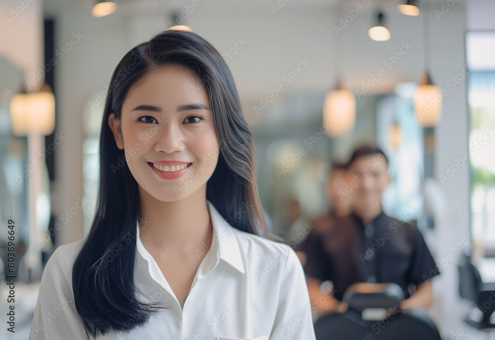A smiling Thai smart woman hairdresser standing in her salon, looking at the camera with a relaxed and confident smile. In front of her is an empty chair for new clients to come sit in A smiling Thai smart woman hairdresser standing in her salon, looking at the camera with a relaxed and confident smile. In front of her is an empty chair for new clients to come sit in