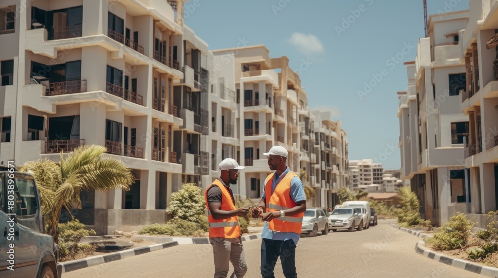 Diverse engineers and architects discussing urban development at sunny construction site Diverse engineers and architects discussing urban development at sunny construction site
