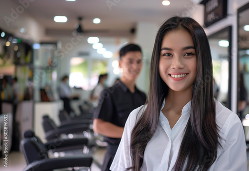 A smiling Thai smart woman hairdresser standing in her salon, looking at the camera with a relaxed and confident smile. In front of her is an empty chair for new clients to come sit in