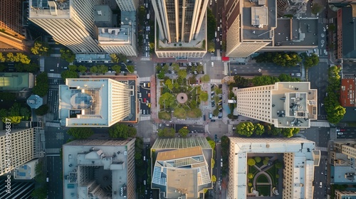 Downtown Skyline at Dusk: Urban Business District Aerial View