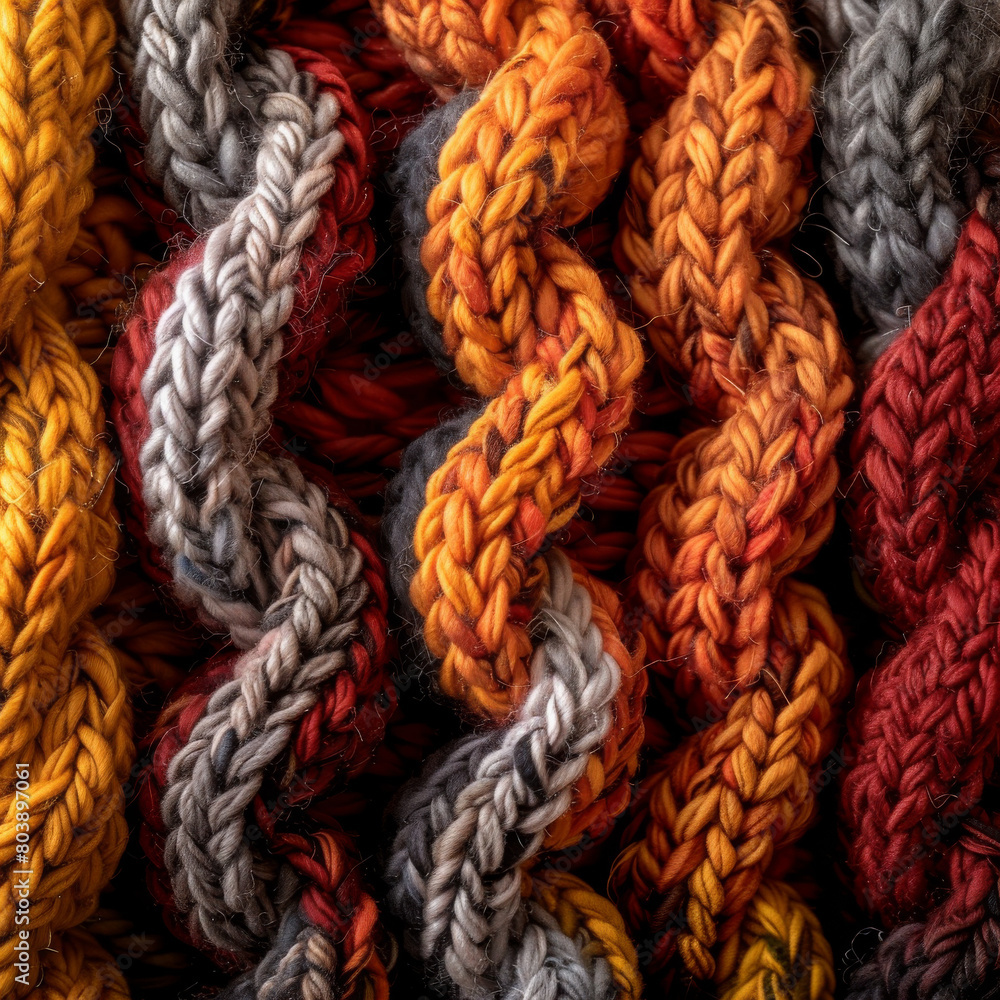 Colorful knitted fabric made of wool. The pattern is made of braids of different colors. The colors are red, orange, yellow, gray and brown. The fabric is soft and warm. Colorful knitted fabric made of wool. The pattern is made of braids of different colors. The colors are red, orange, yellow, gray and brown. The fabric is soft and warm.