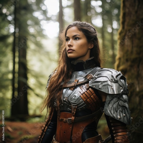 Warrior woman in fantasy armor in the forest