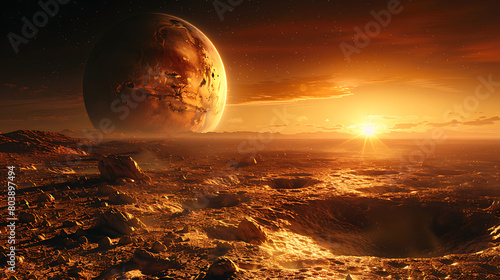 View of the moon from the Mars surface sun in the background. Astronomy science concept photo