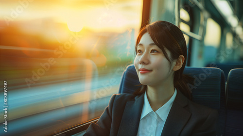 Happiness,Successful,hoping,Smart  businesswoman smiling and looking out the window while going home by the train photo