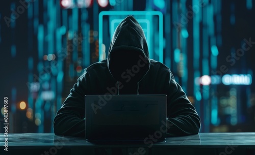A shadowy figure in a hoodie sits before a laptop, neon cityscape glowing in the background. A vibe of cyber secrecy emanates. Created with Generative AI