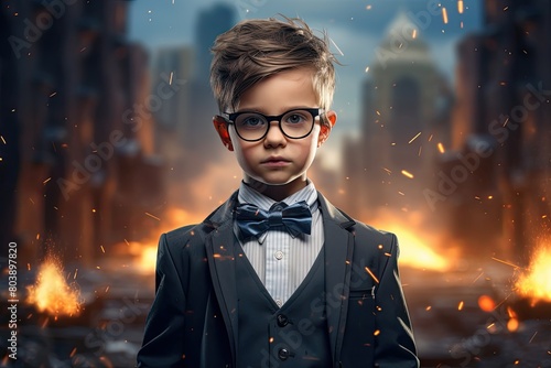 young boy in formal attire with glasses and bow tie