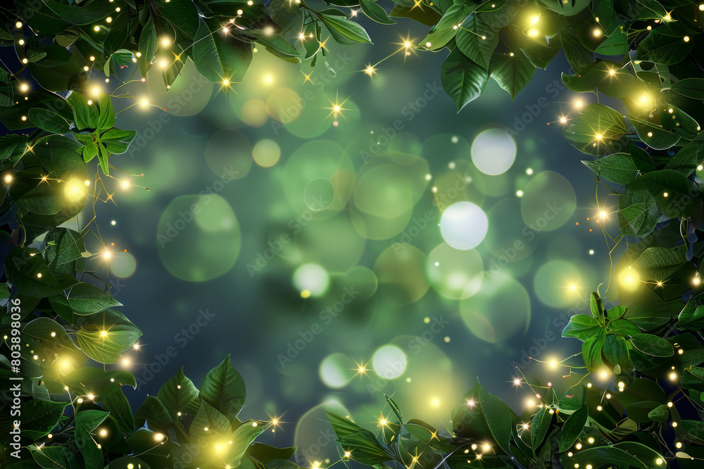 Beautiful fairy lights pattern with leaves around the frame with blank center for background