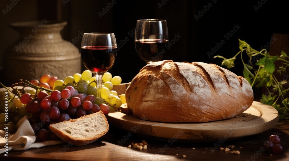 Rustic bread, wine, and grapes on wooden table Rustic bread, wine, and grapes on wooden table