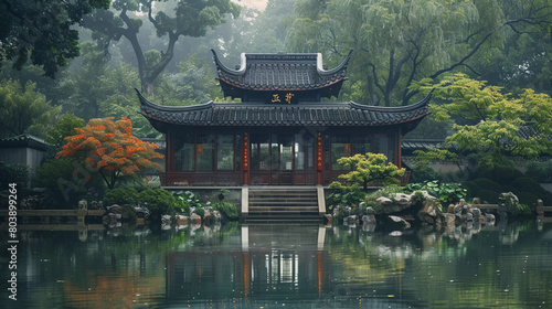 Classic Chinese Teahouse by a Reflective Pond