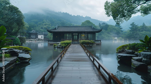 Misty Lake View with Traditional Pavilion in China