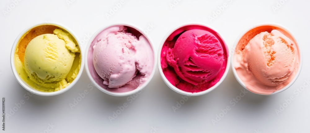 Set of colorful ice cream scoops in bowls on plain background, top view Set of colorful ice cream scoops in bowls on plain background, top view