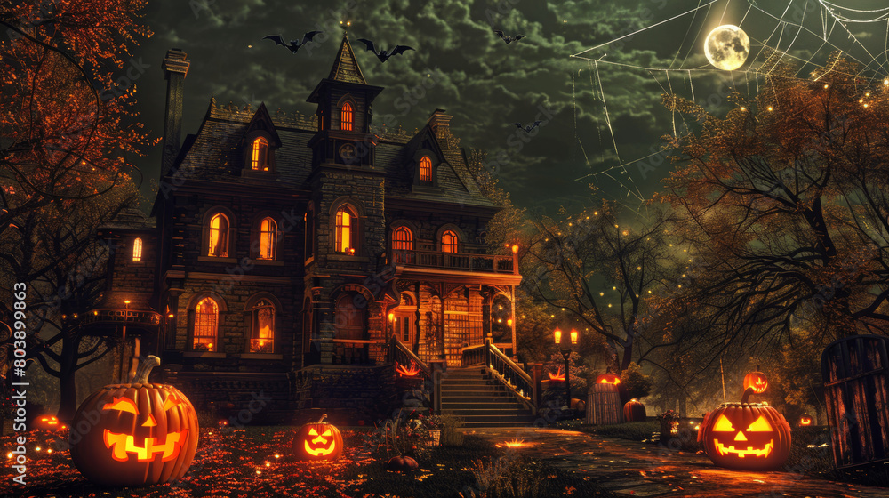 Spooky Halloween Night: Haunted House, Trick-or-Treaters, and Jack-o'-lanterns Spooky Halloween Night: Haunted House, Trick-or-Treaters, and Jack-o'-lanterns