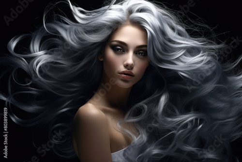 Dramatic portrait of a woman with flowing silver hair