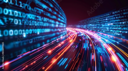 Modern data stream highway illuminated in vibrant neon colors