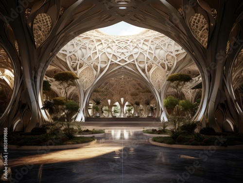 Futuristic architectural interior with intricate patterns and lush greenery