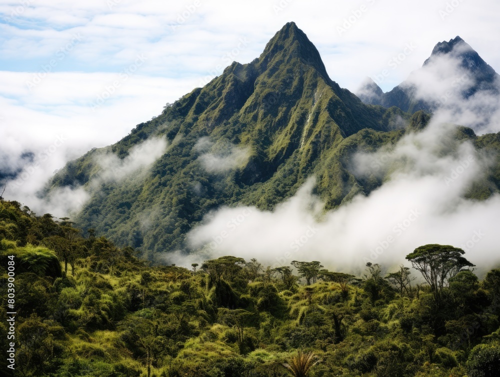 Lush tropical mountain landscape with clouds