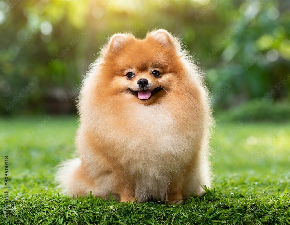 Brown Pomeranian dog smiling on the lawn.