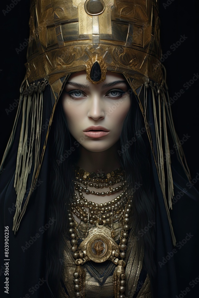 Powerful female warrior in ornate golden headpiece