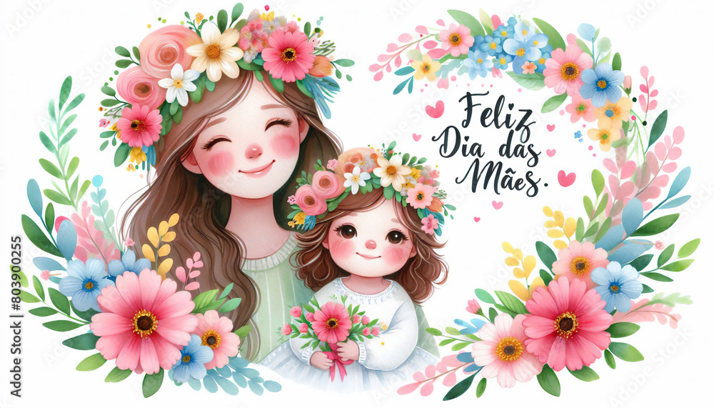 Cartão de felicitações para o dia das mães. Mãe e filha em um fundo de flores em forma de coração, ilustração em estilo aquarela. Feliz Dia das Mães no Brasil Cartão de felicitações para o dia das mães. Mãe e filha em um fundo de flores em forma de coração, ilustração em estilo aquarela. Feliz Dia das Mães no Brasil