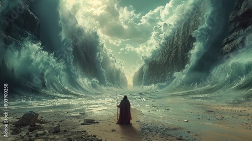 Moses parting the Red Sea  with towering walls of water on either side and a path emerging through the sea bed.