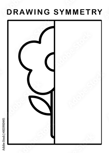 Drawing symmetry page for kids. drawing symmetry cartoon the sunflower. Activity for preschool and school children. Education worksheet Printable
